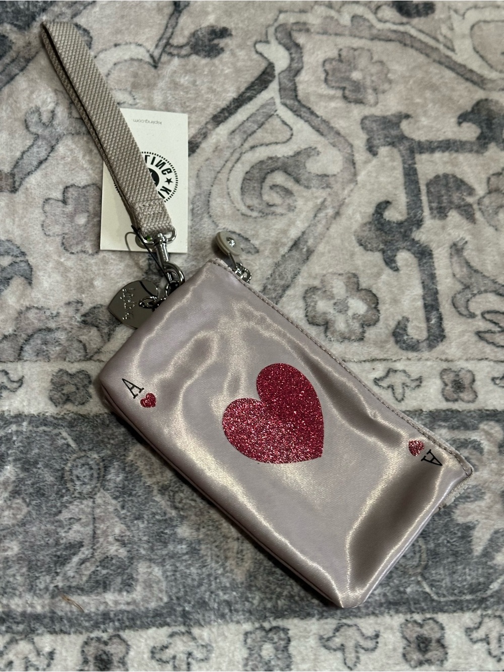 Kipling Satin Wristlet with Pink Glitter Heart
